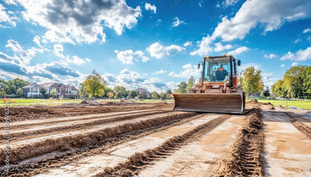 Fototapeta premium A bulldozer working on a construction site under a blue sky.