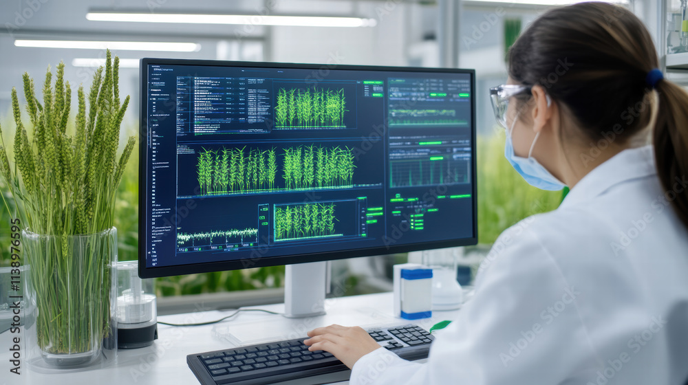 Digital simulation of grain quality tests on lab monitor, showcasing data analysis and plant growth metrics in research environment