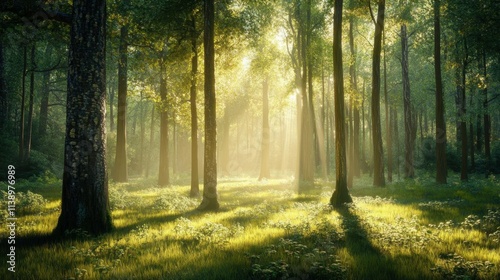 Sunlight filters through trees in a serene forest landscape.