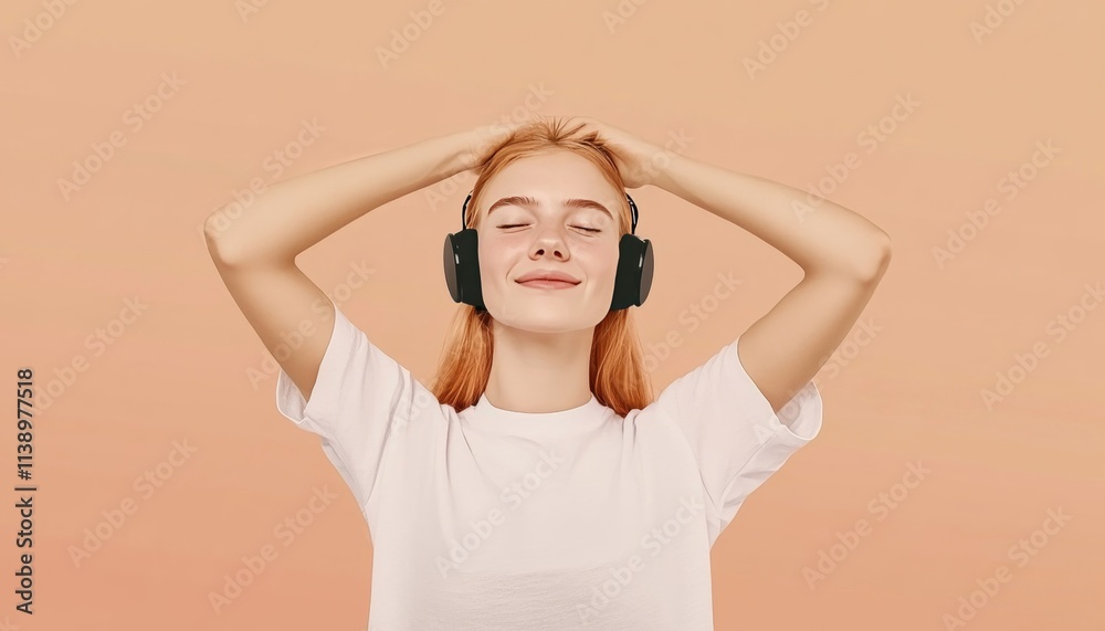 Carefree Young Woman With Red Hair Enjoying Music In Headphones, Isolated On Peach Background. Carefree Young Woman With Red Hair Enjoying Music In Headphones, Isolated On Peach Background.