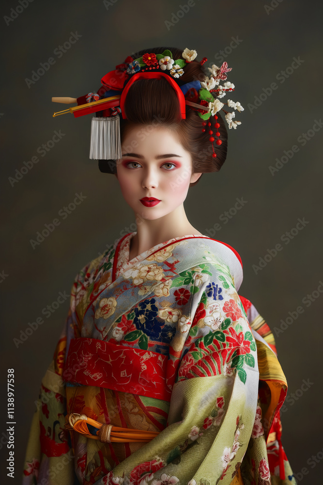 Elegant Portrait of a Woman in Traditional Japanese Kimono and Geisha Makeup Elegant Portrait of a Woman in Traditional Japanese Kimono and Geisha Makeup