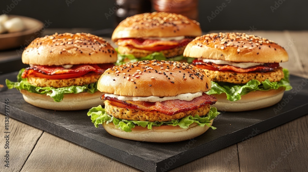 Delicious Gourmet Burgers on Rustic Wooden Table Delicious Gourmet Burgers on Rustic Wooden Table
