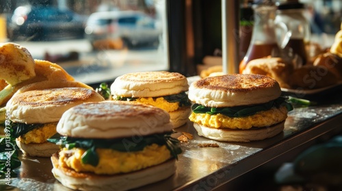 Fresh Breakfast Sandwiches on a Rustic Countertop