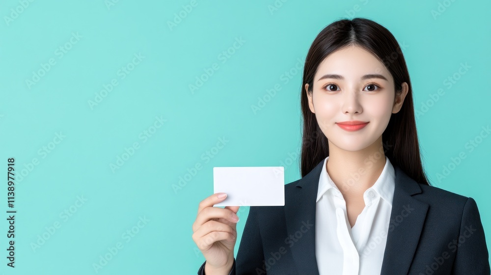 A professional woman holding a blank card against a teal background. A professional woman holding a blank card against a teal background.