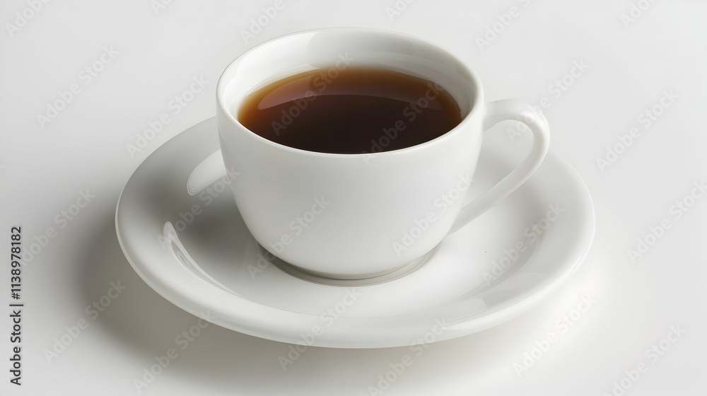 Hot brown liquid inside a white cup with saucer. Hot brown liquid inside a white cup with saucer.