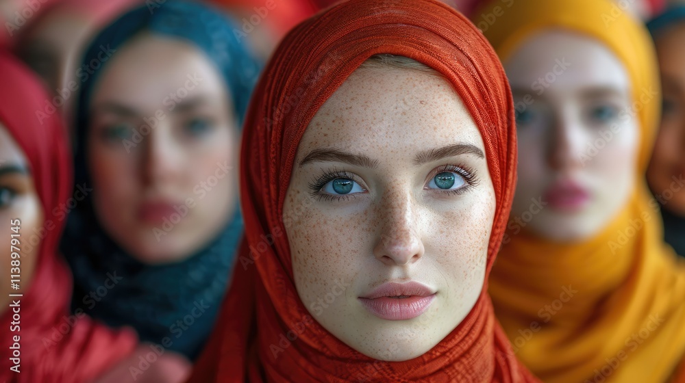 Close-up portrait of a young woman with freckles wearing a red headscarf, surrounded by other women in various colored headscarves. Close-up portrait of a young woman with freckles wearing a red headscarf, surrounded by other women in various colored headscarves.