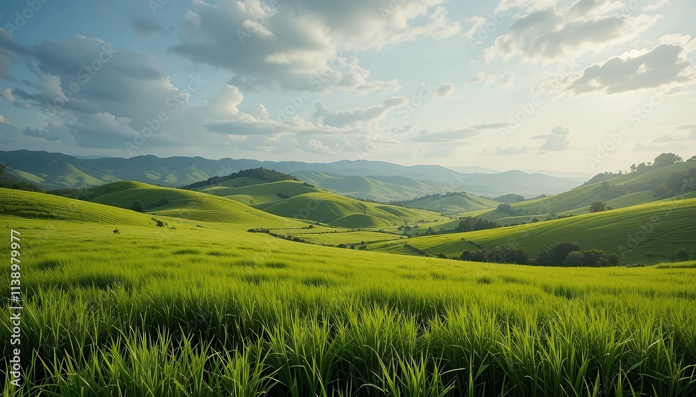 Obraz premium Lush Green Fields Embrace Rolling Hills Under a Cloudy Sky