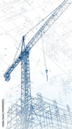 Construction crane with blueprints in background