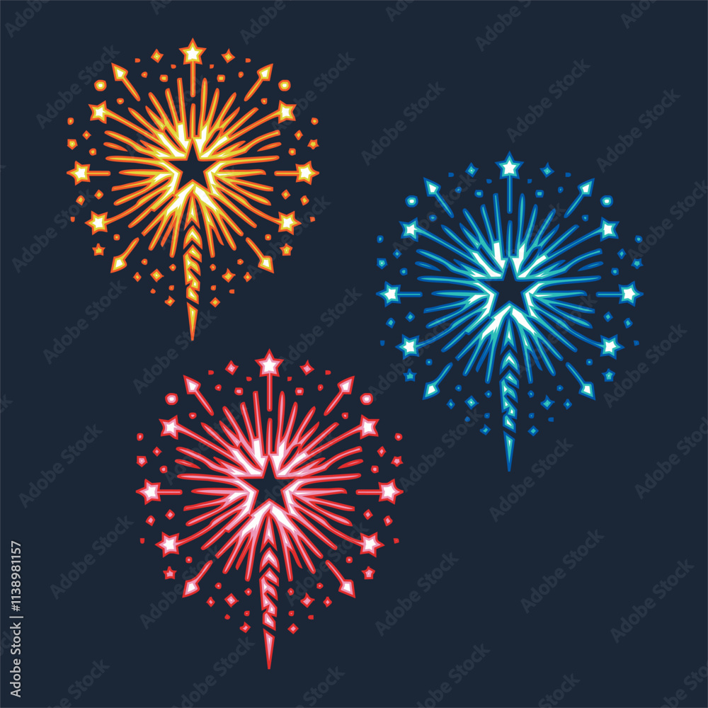 Fireworks set. Vector firework sign isolated with stars and sparks. Firework exlposions in the sky.