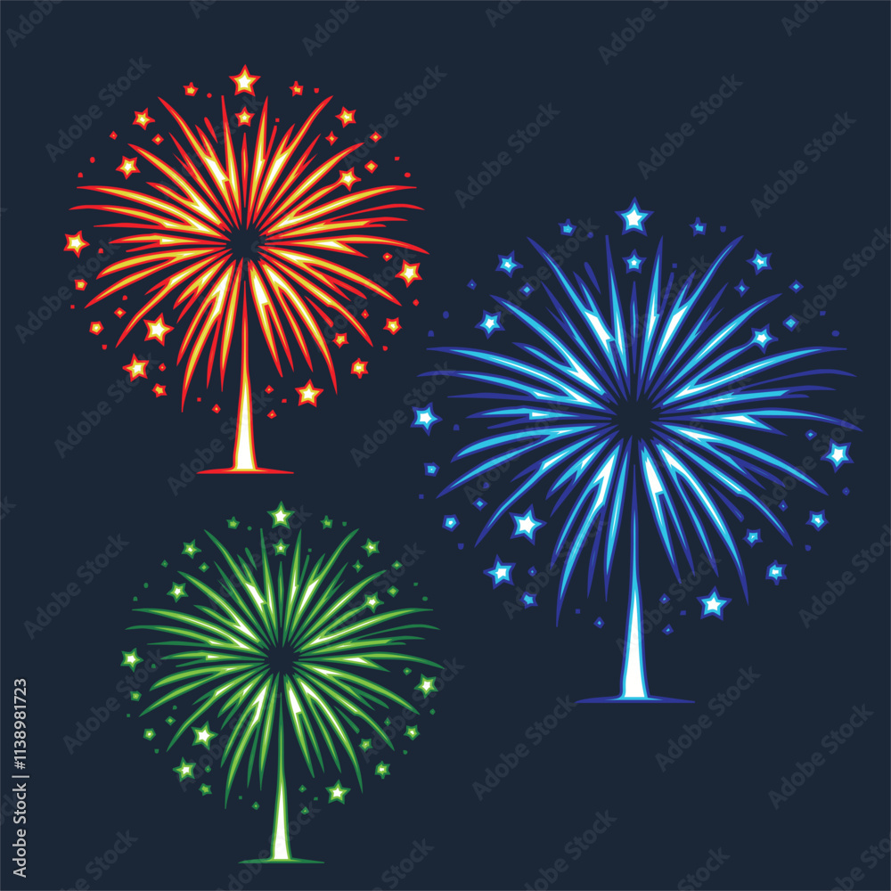 Fireworks set. Vector firework sign isolated with stars and sparks. Firework exlposions in the sky.