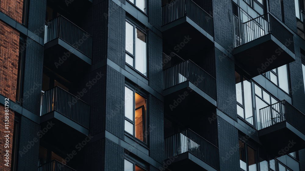 Obraz premium Modern apartment building with dark facade and balconies