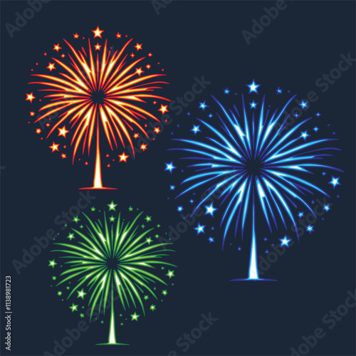 Fireworks set. Vector firework sign isolated with stars and sparks. Firework exlposions in the sky.