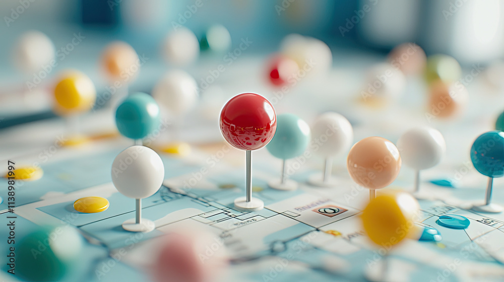 Colorful map pins on detailed map, representing locations Colorful map pins on detailed map, representing locations