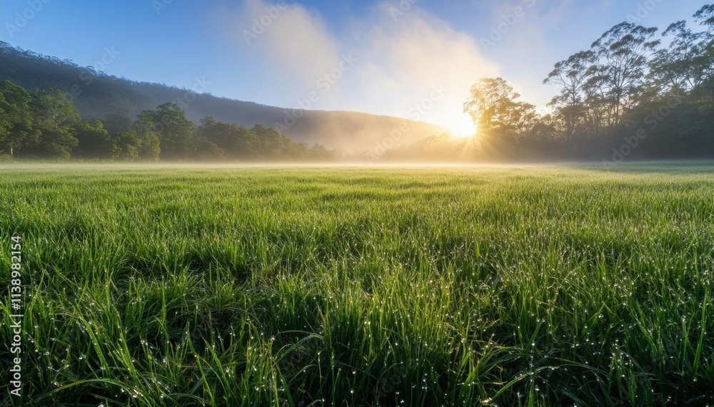 Fototapeta premium Serene sunrise over a misty green field with distant hills.