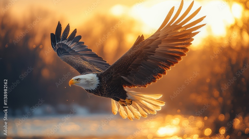 Obraz premium a bald eagle flying over a city