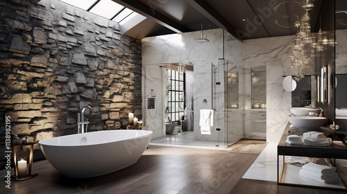 Luxurious Master Bathroom with White Stone Walls