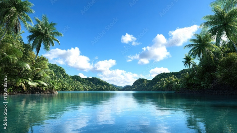 Serene tropical landscape with calm waters and lush greenery. Serene tropical landscape with calm waters and lush greenery.
