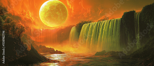 Surreal Waterfall Landscape: Giant Sun, Green Cascades, Orange Sky