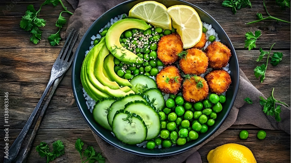 Healthy Rice Bowl with Crispy Chicken Topping. Healthy Rice Bowl with Crispy Chicken Topping.