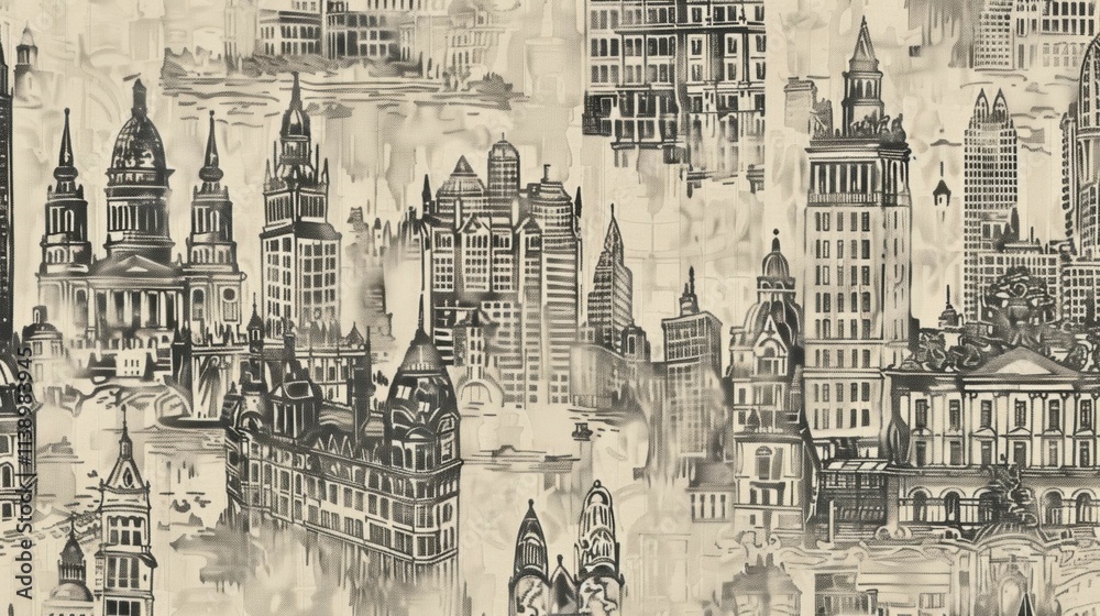 Fototapeta premium A monochromatic illustration of various architectural landmarks.