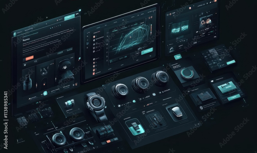 A digital interface showcasing various tech gadgets and analytics. A digital interface showcasing various tech gadgets and analytics.