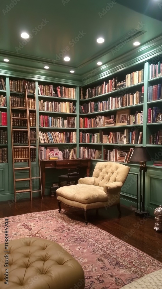 Cozy library with bookshelves, a reading chair, and a desk. Cozy library with bookshelves, a reading chair, and a desk.
