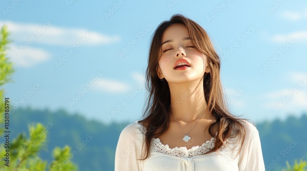 A serene woman enjoying nature with eyes closed and a peaceful expression. A serene woman enjoying nature with eyes closed and a peaceful expression.