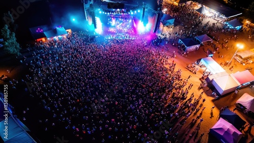 Nighttime outdoor concert with colorful lights and large crowd