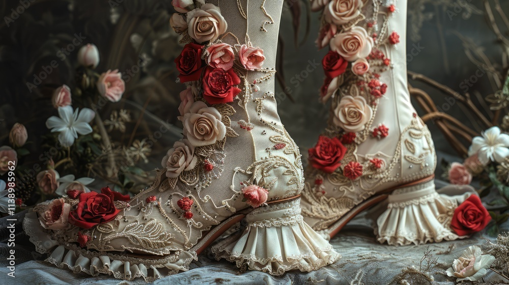 Fototapeta premium Elegant floral embroidered boots with roses.