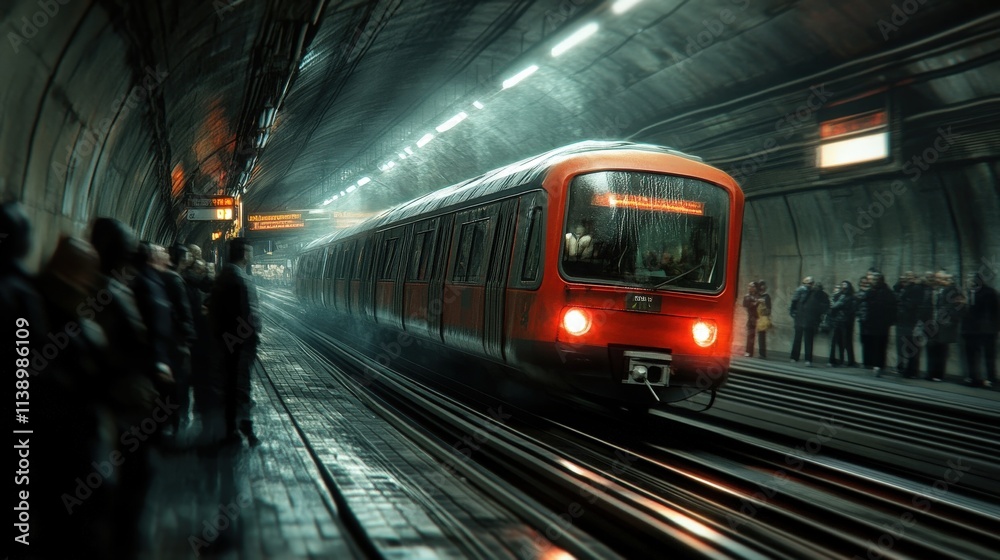 Naklejka premium Urban subway train speeding through a dimly lit underground station with reflections on wet tracks and blurred passengers waiting on platform
