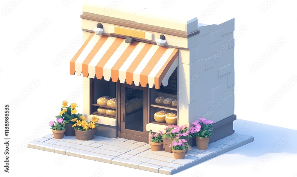 Isometric bakery building with awning, flowers, and loaves. Isometric bakery building with awning, flowers, and loaves.