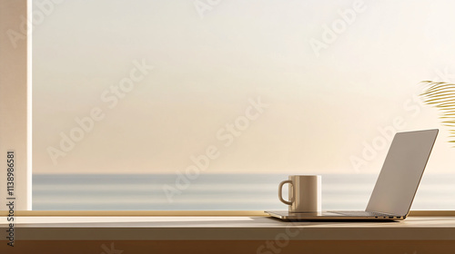 minimalist laptop and coffee cup on a windowsill with ocean view at sunset
