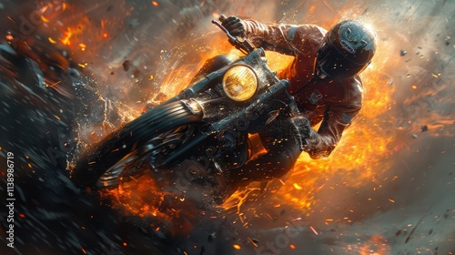 Fiery motorcycle ride, intense speed, flames, biker. photo