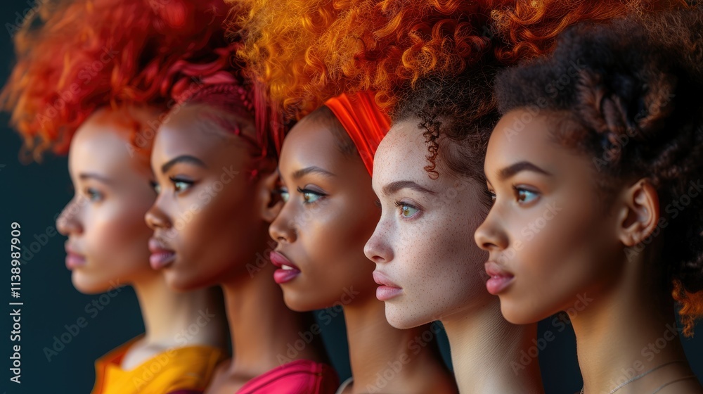 Obraz premium Five diverse women with vibrant, curly hairstyles in profile view.
