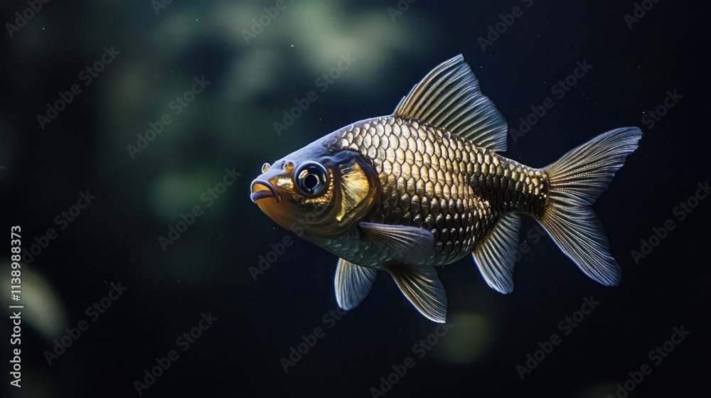Fototapeta premium Golden Fish Swimming Gracefully in Dark Aquarium Waters