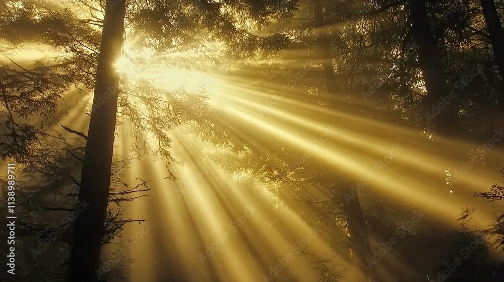Sunbeams breaking through misty forest canopy. Sunbeams breaking through misty forest canopy.