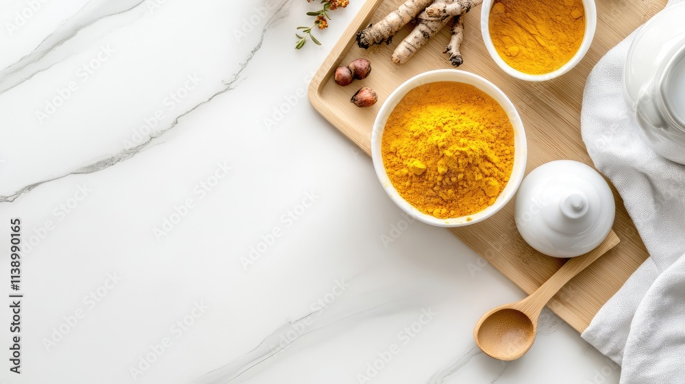 Fototapeta premium Turmeric powder and roots on wooden board, white bowls, spoon marble surface
