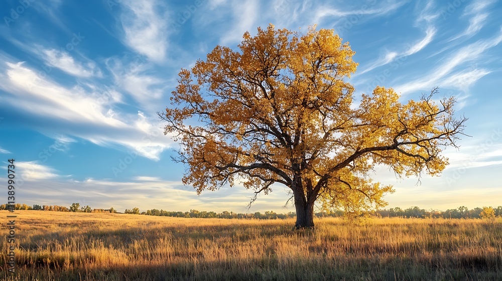 Golden Autumn Tree in a Prairie Landscape. Concept of nature, tranquility, and fall colors. Golden Autumn Tree in a Prairie Landscape. Concept of nature, tranquility, and fall colors.