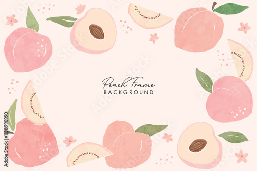 Peach Illustration pattern frame. Peach or apricot pattern. Hand drawn fruit and sliced pieces. Summer tropical endless background. Vector fruit design for label, fabric, packaging