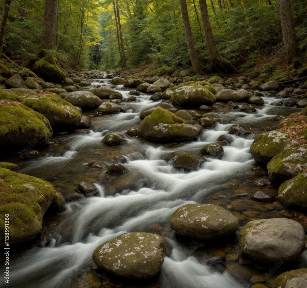 Naklejka premium A serene river flows through a lush forest, showcasing natural beauty and tranquility.