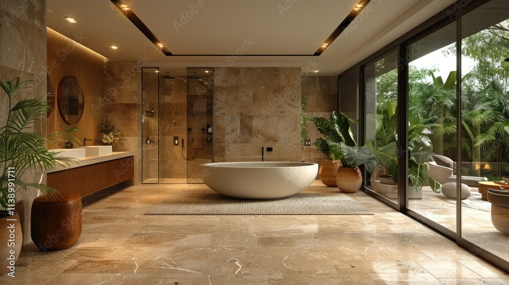 Fototapeta premium Luxurious bathroom with freestanding tub, marble floors, and tropical view.