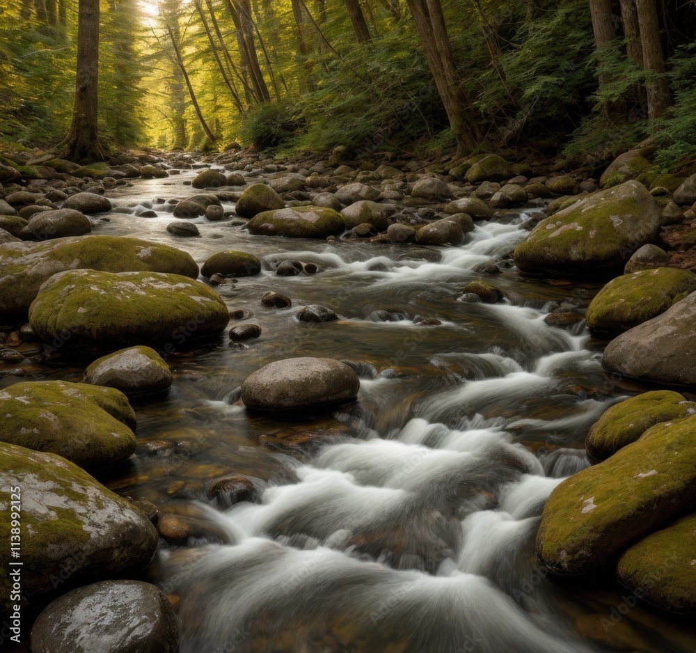 A tranquil stream flows through a lush forest, surrounded by moss-covered rocks. A tranquil stream flows through a lush forest, surrounded by moss-covered rocks.