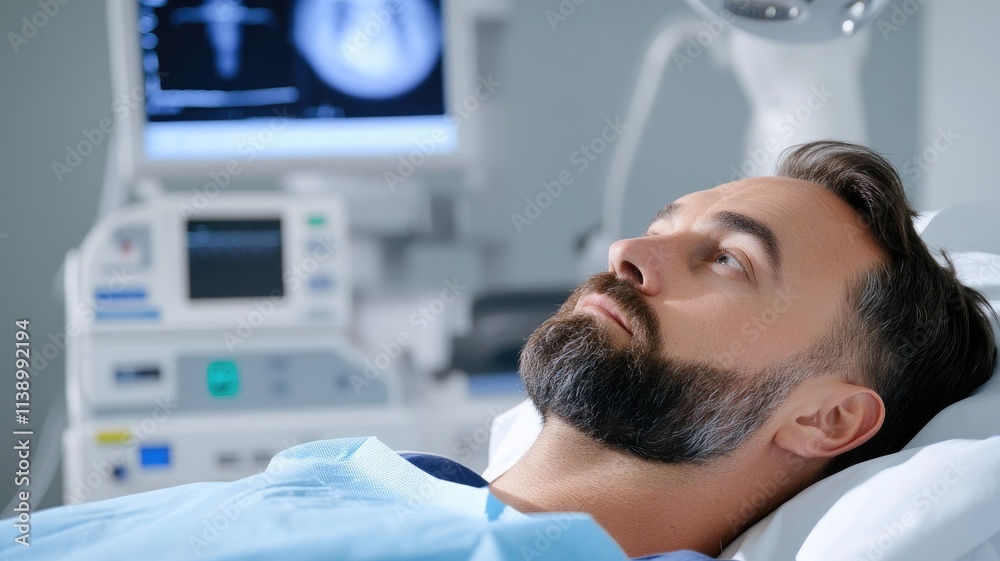 Fototapeta premium Male patient, medical imaging, hospital bed, diagnostic equipment, health check