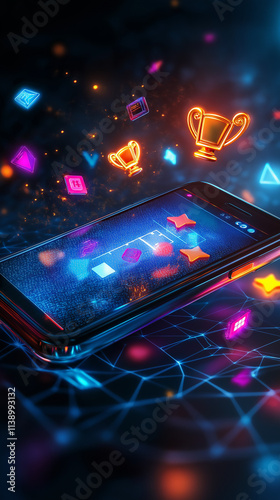 Gamification elements, colorful 3D icons, trophies and progress indicators that appear on the smartphone screen