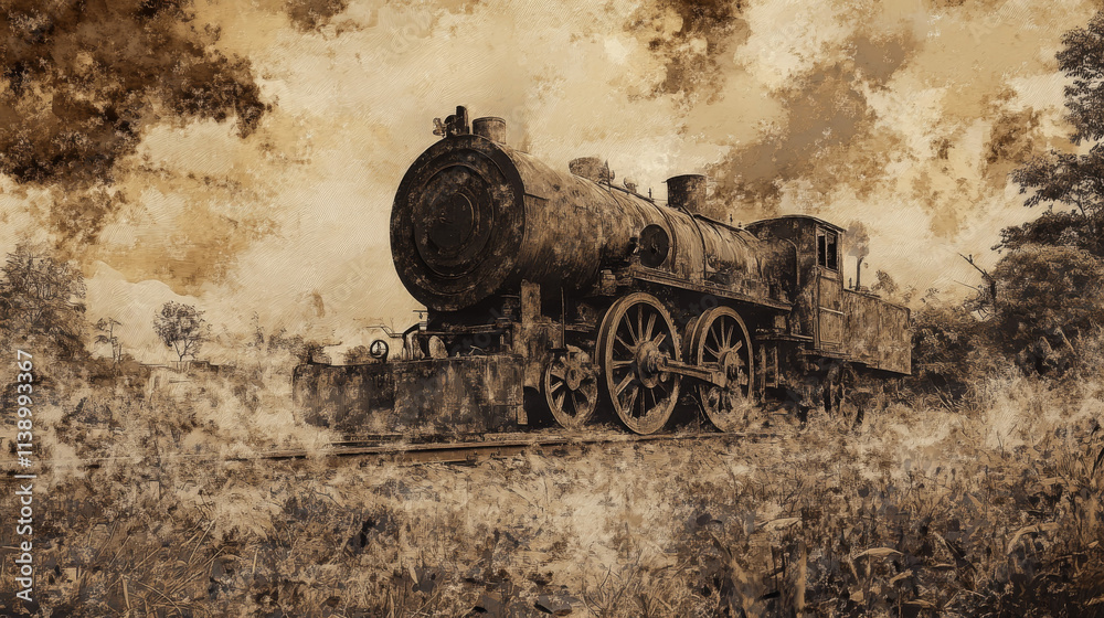 Obraz premium Sepia Train Landscape Painting: Rustic Engine, Nostalgia, Vintage Transport, Background