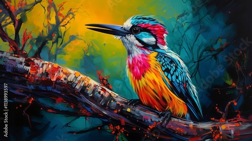 Woodpecker neon oil paintings thick brushstrokes