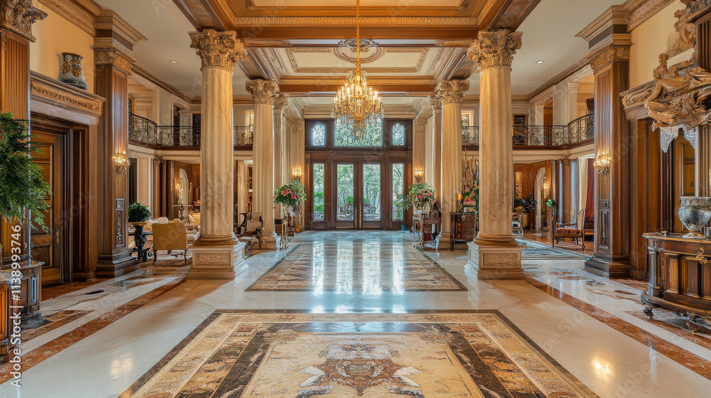 Obraz premium Grand Mansion Entrance: Opulent Interior, Golden Hues, Historic Architecture