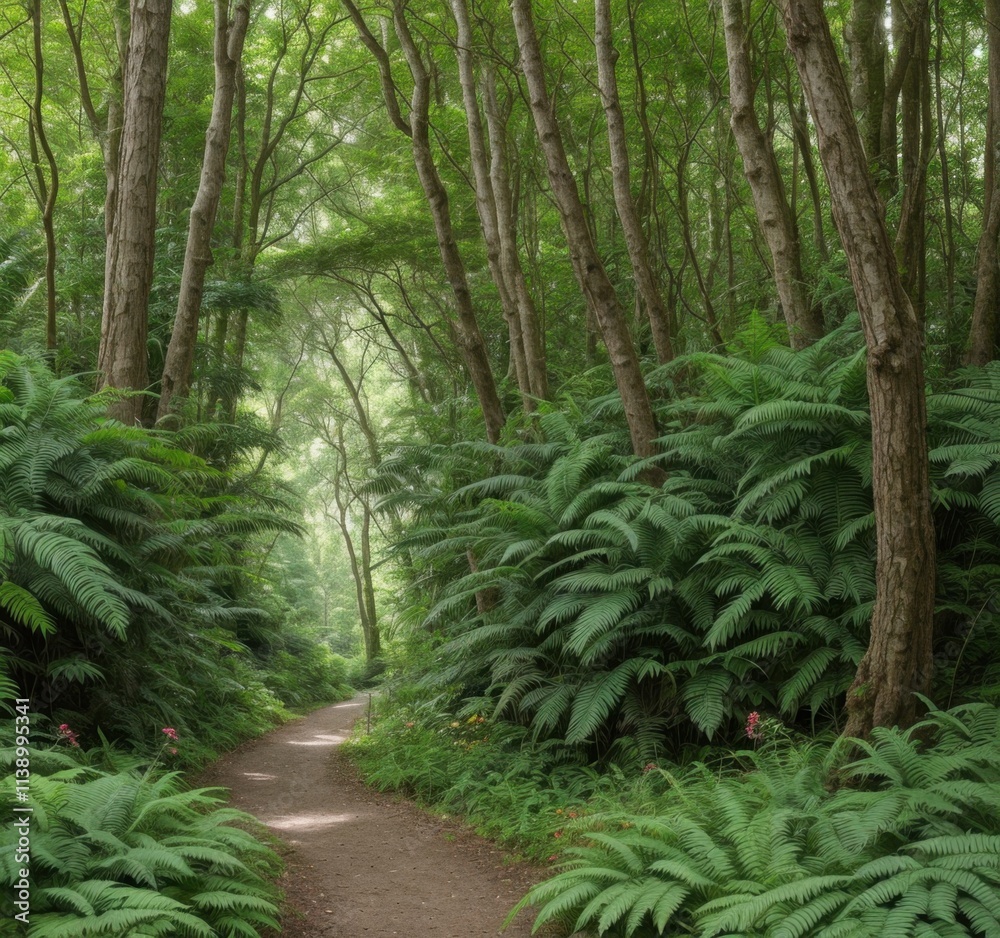 Fototapeta premium A serene forest pathway surrounded by lush greenery and ferns, inviting exploration.