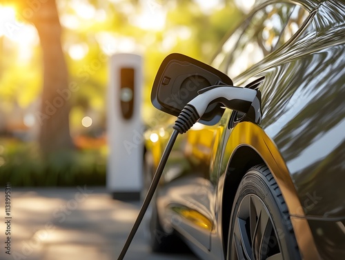 Close-up of an electric car charging at a station.