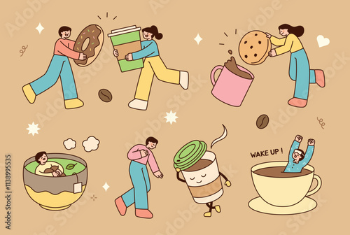 Cafe tea time. People are toasting with huge desserts and drinks and relaxing in warm cups of tea.